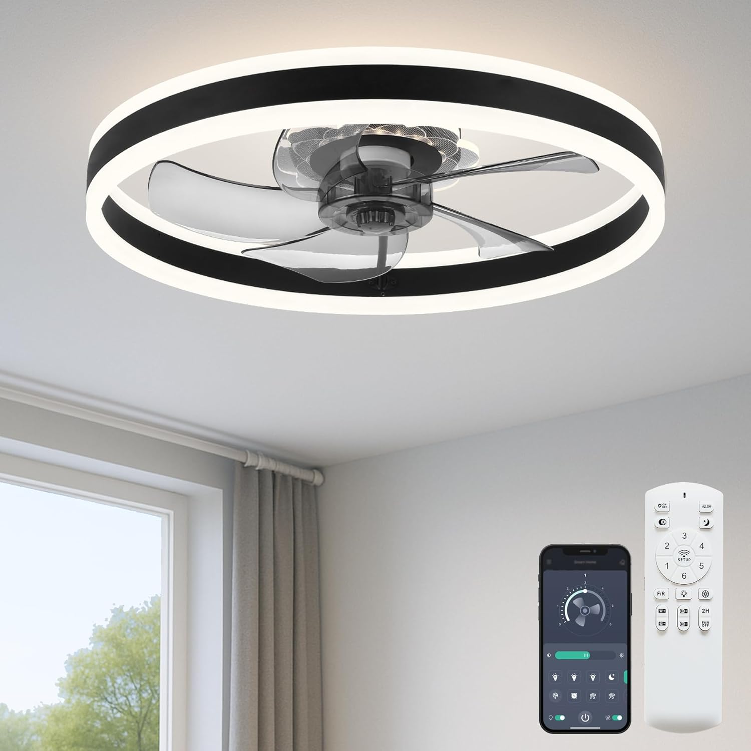 Ceiling Fan with Light, Upgraded 20‘’ Low Profile Fan, Flush Mount Ceiling Fan, 6 Speeds, Dimmable LED, App & Remote Control, Quiet DC Motor, for Bedroom, Living Room, F105 Black-D